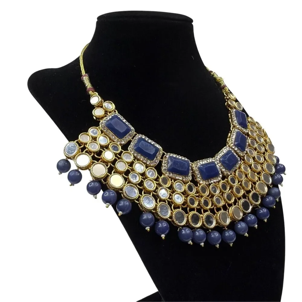 Chunky Bib Mirror Statement Necklace Acrylic Blue Gold Fashion Jewelry 20